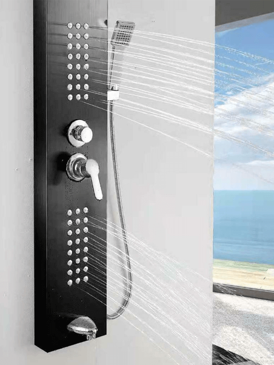 Thermostatic Shower Tower Hand Drencher 5 in 1 – Black Finish 1 Shower and Hand Drencher Rainfall, Waterfall